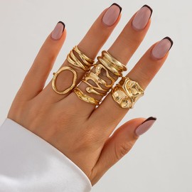Vintage Knuckle Rings Set for Women Gold Irregular Chunky Rings Set Adjustable Open Knuckle Stacking Rings Set Unique Irregular Waterdrop Ring Set Y2k Statement Ring Vintage Style Jewelry (Gold)