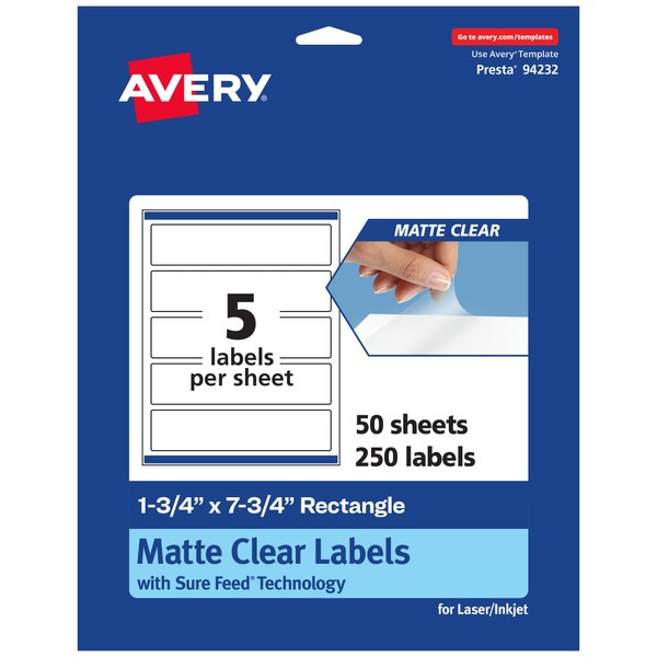 Avery Matte Clear Rectangle Labels with Sure Feed, 1.75" x