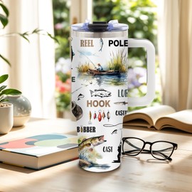 DUUV Fishing Gifts for Men, Fish Tumbler for Fisherman, Birthday Gifts for Men Dad Boys Who Love Fishing, Fisherman Gift for Christmas Thanksgiving, 40 Oz Tumbler with Handle, 1PCS