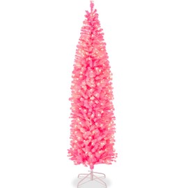 Best Choice Products Pre-Lit Pink Pencil Christmas Tree, 6ft Slim Lighted Artificial Décor w/Incandescent White Lights, Skinny Tree, Metal Base