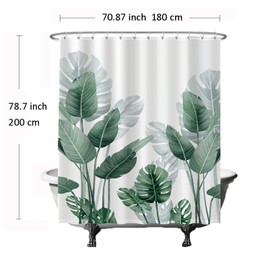 Ulticool Shower Curtain - Leaves Plants Large - 180 x 200 cm - Washable - Anti Mould - with 12 Rings - Green White