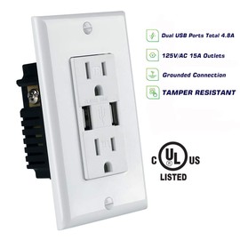 TOPELER 2Pack USB Wall Outlet, 4.8A High Speed USB Ports with Smart Chip, 15A Tamper Resistant Electrical Receptacle Socket, Screwless Wall Plate Included, UL & FCC Approved