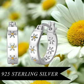 Hoop Earrings for Girls Women 925 Sterling Silver Flower Earrings Hypoallergenic Daisy Earrings Flowers Jewellery for Christmas, Sterling Silver, No Gemstone