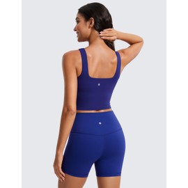 CRZ YOGA Butterluxe Womens Square Neck Longline Sports Bra - Workout Crop Tank Tops Padded Yoga Camisole with Built in Pads Larkspur Blue X-Small