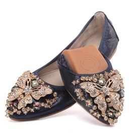 Cattle Shop Zapatos planos de ballet para mujer, plegables, con diamantes de imitación, puntera puntiaguda, cómodos, para boda, zapatos planos de vestir para mujer, Azul oscuro, 11