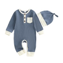 PanLidapan Newborn Baby Grow Clothes Baby Boy Romper Long Sleeve Full Length Ribbed Romper Outfit with Hat for Infant Boys Jumpsuit Autumn Clothing Sets (Blue, Newborn)