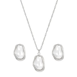 Atiptu Vintage Pearl Necklace Earrings Set for Women 14k Gold Plated Baroque Pearl Necklace Earring Set Big Pearl Earrings Silver Gold Statement Necklace Chunky Pearl Costume Jewelry (Silver)