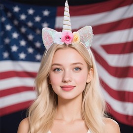 OIUUBBII Unicorn Horn Headband with Glitter Ears & 3 Colors Flowers Hair Hoop - White Sparkly Unicorn Hairband for Women Girls Festival Birthday Cosplay Costume Party Accessories