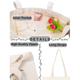 MOJIEY Plant Tote Bags Aesthetic with Zipper and Pocket, Cute Book Bags for Women and Teacher Gifts, Grocery Reusable Shopping Bags Large