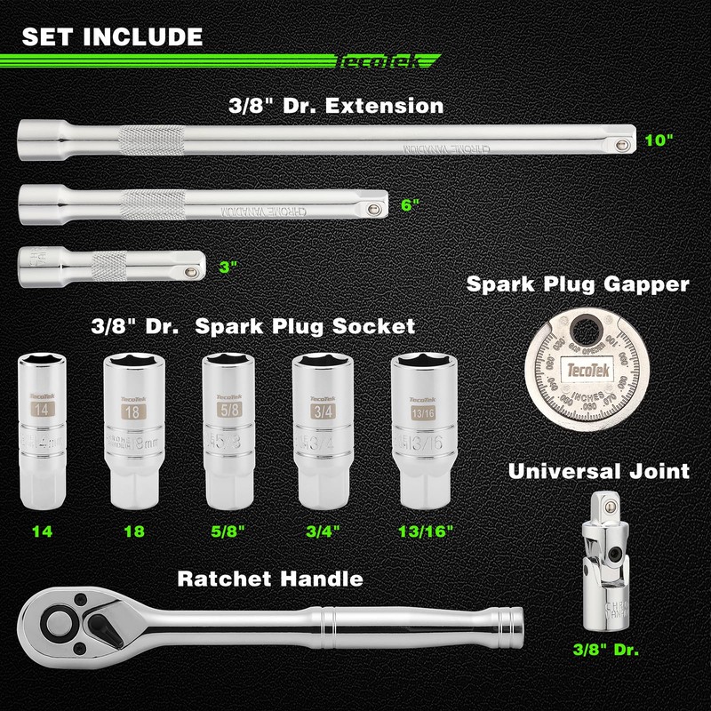 TecoTek 11-Piece Spark Plug Socket Set with 3/8" Drive Ratchet