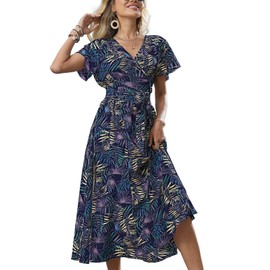 Women's Boho Summer Wrap Maxi Dress Casual Floral V Neck Ruffle Short Sleeve Beach Long Dresses XL Navy Blue