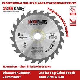 Saxton Flat Top TCT Circular Saw Blade 210mm x 24T x 25.4mm fits Evolution Saws