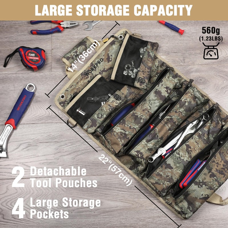 WORKPRO Roll Tool Bag with Detachable Pouches, Heavy Duty Organizer