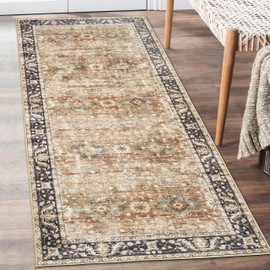ReaLife Machine Washable Area Rug Runner - Living Room Bedroom Bathroom Kitchen Entryway Office - Non Slip Low Pile Stain Resistant Premium - Boho Farmhouse Vintage - BEV - Beige Tan Brown 2'6" x 6'