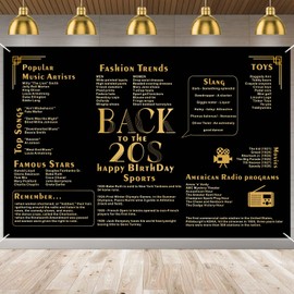 Back to the 20s Banner Happy Birthday Decorations Black and Gold Supplies Backdrop Vintage Birthday Theme Decor Birthday Gifts for Her or Him Birthday Party Favors Photo Booth Props