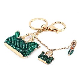 Walfront 3D Bag and Shoe Sets Key Chain, Rhinestone Crystal Keyring Charm Pendant Purse Key Ring Green, Green