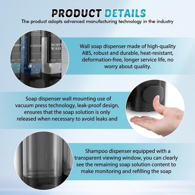Wall Mounted Soap Dispenser, 3 Chambers, Shower Gel Dispenser, 300