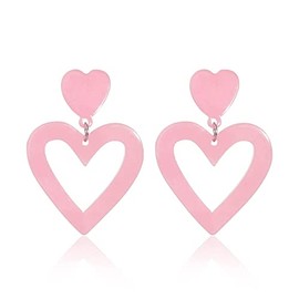 80's Neon Acrylic Double Heart Earrings Love Heart Dangle Earrings 80's 90's Costume Party Jewelry Valentine's Day Mother's Day Gift-Pink