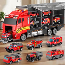 YunWings Toddler Boys Fire Truck Set: Fire Car Toy for Boy 3 4 5 6 Years Old | with Play Mat and Die-Cast Toy Car | Birthday Gifts Toys for 3-8 Year Old Boys | Girl Toys Cars with Light and Sound