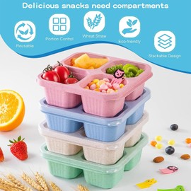 NIXRET 4 Pcs Snack Boxes with Lids, 4 Compartments 4 Colours - Green/Blue/Pink/White, Reusable Meal Prep Lunch Boxes for Kids and Adults, Divided Food Storage Boxes for School, Work and Travel