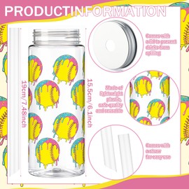 Vesici 24 Pcs Ice Cream Drip Softball Themed Tumbler Cups,14.2oz Spill-Proof Plastic Cups with Lids and Individual Straws, Bulk Set for Softball Team Gift, Ice Cream Drip Sports Party Favors