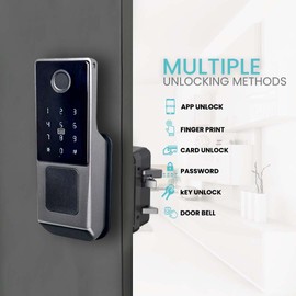 Smart Rim Door Lock with Keypad & Doorbell – 5-in-1 Keyless Entry (Fingerprint, Password, IC Card, Backup Key | WiFi Tuya App Control | Auto-Lock, Alexa Compatible, Waterproof, Easy Install