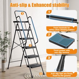 Step Ladder 5 Step Folding with Handrails, 800 LBS Capacity, Portable Safety Ladder for Home, Kitchen, Office, Outdoor Use, Safe-Lock Tool Platform Design