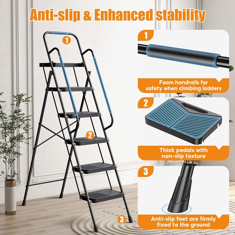 Step Ladder 5 Step Folding with Handrails, 800 LBS Capacity,
