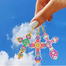 Syntego 10 Pcs 5D DIY Assorted Cross Diamond Painting Hanging Ornament Decoration Kit for Adults Plastic Craft Pendant