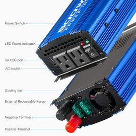 Kinverch 500W Car Power Inverter DC 12V to AC 110V Adapter with 2 AC Outlets and 2A USB Charging Port
