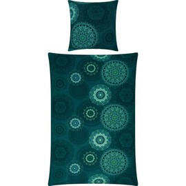 Erwin Müller Bed Linen Set, Economy Package, 4 Pieces, Flannel, Mandala, Warm, Temperature-Regulating, with Practical Zip, Petrol, Size 80 x 80 cm / 135 x 200 cm
