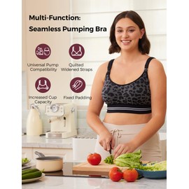 Momcozy Seamless Pumping Bra Hands Free, Fixed Padding Hands-Free Pumping & Nursing Bra, Wireless Comfort Pumping Bra Leopard Black