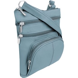 Roma Leathers Auténtico bolso cruzado XL, multibolsillo, correa ajustable, XL, Azul claro, X-Large