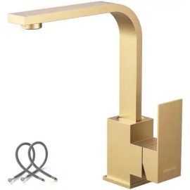 Modern Stainless Steel High Arc Single-Hole Kitchen Bar Faucet with Water Supply Hose Mini Prep Sink FaucetColor: Brushed gold, Surface Finishing: Brushed gold