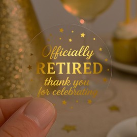 100 x Clear Retirement Party Stickers, Officially Retired Thank You for Celebrating Labels, 1.6" Gold Foil on Transparent Labels, Retirement Party Invitation/Candle Favor/Gift Box/Bag Seals