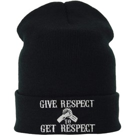EXPRESS-STICKEREI Knitted Biker Warm Winter Hat/Wool Hat Motorcyclist Unisex Men Women Bonnet / Work Hat Beanie Cap Fine Knit with Saying | One Size Streetwear, Black/Give respect to get respect, Unit