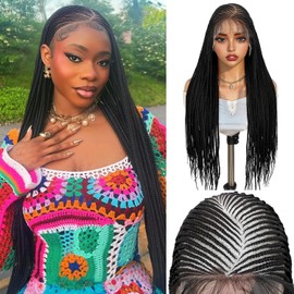 Lady Hanne Braided Wigs for Black Women 13x8 HD Lace Front Cornrow Braids Wig Premium Synthetic Hair 30 Inch Full Lace Cornrow Box Braid Wig with Baby HairNatural Black