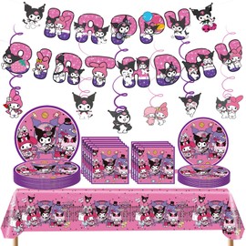 32Pcs Cute Cartoon Party Tableware Party Decorations Set with Banner, Large & Small Party Plates and Napkins, Table Cloth Party, Lovely Cartoon Theme Pink-Purple Party Decorations for Boys and Girls