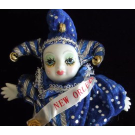 Mardi Gras World Porcelain Baby Clown Doll Gift New Orleans Blue Stripes