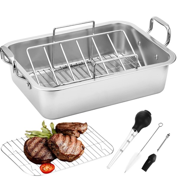 Roasting Pan with Baking Rack,15 Inch Stainless Steel Turkey Roaster Pan with V-Shaped Rack and Turkey Baster. Rectangular Roaster Pot Great for Turkey, Chicken, Vegetable,Fit for 20Lb Turkey
