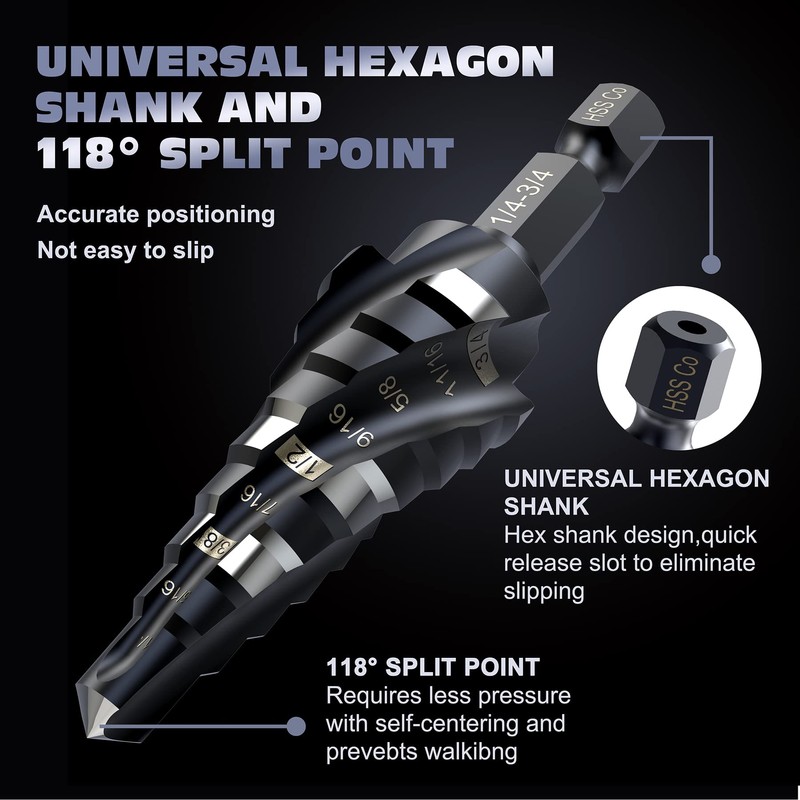 M35 Cobalt Four Spiral Flute Step Drill Bits,1/4”-3/4"(9 Step Size)
