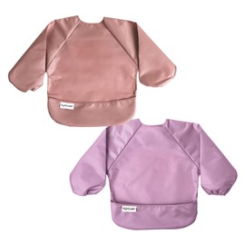 Tiny Twinkle Mess Proof Baby Bib, 2 Pack Long Sleeve Bib Outfit, Waterproof Bibs for Toddlers, Machine Washable, Tug Proof (Taupe Lilac, Large 2-4 Years) (LSB2)