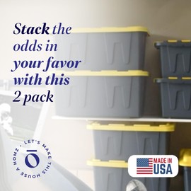 HOMZ 2-Pack Durabilt, Heavy Duty Plastic Storage Bins with Lids, 15 Gallon, Black/Yellow - Stackable Container Boxes for Home, Attic, and Garage Organization