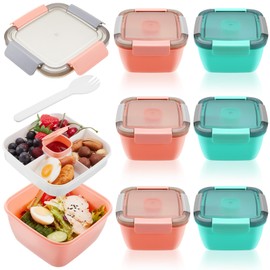 Tessco for you 6 Pcs Salad Lunch Container 50 oz Salad Container with 3 Compartment Reusable Bento Box for Adults Stackable Lunch Bowl for Meal Snack Fruit (Pink,Green)