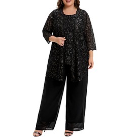 Women's Plus Size Lace Mother of The Bride Pant Suits 3Pcs Wedding Formal Outfit Set Evening Party Gown
