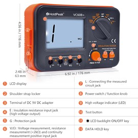 Insulation Meter Insulation Meter Digital Insulation Resistance Tester Insulation Meter 1999 Counts LCD Display 250/500/1000V Voltage, MegOhmmeter AC/DC Voltmeter, Insulation Resistance 2000MΩ