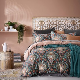 Venetian Damask Bohemian Paisley Duvet Cover Set Boho Chic Watercolor Medallion 400TC Egyptian Cotton Sateen Luxury Style Bed Linen (Rust Navy, Queen)