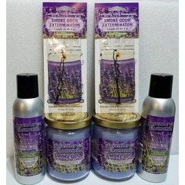 Smoke odor  Lavender Two 13 oz Jar Candles Two 7 oz Spray & Two Car Hangers