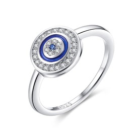 Round Blue Evil Eye Band Ring in Sterling Silver 925 Cubic Zirconia & Enamel Size 6-8, Sterling Silver, Cubic Zirconia, Cubic Zirconia