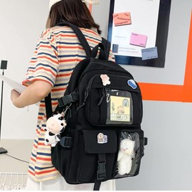 LUNA PARK Mochila para Laptop con Colgante y Insignia, Mochila Ligera y de Gran Capacidad Resistente al Agua, Mochilas de Viaje para Portátil de Mujer Mochila Estética Kawaii, Mochila Casual (Negro)